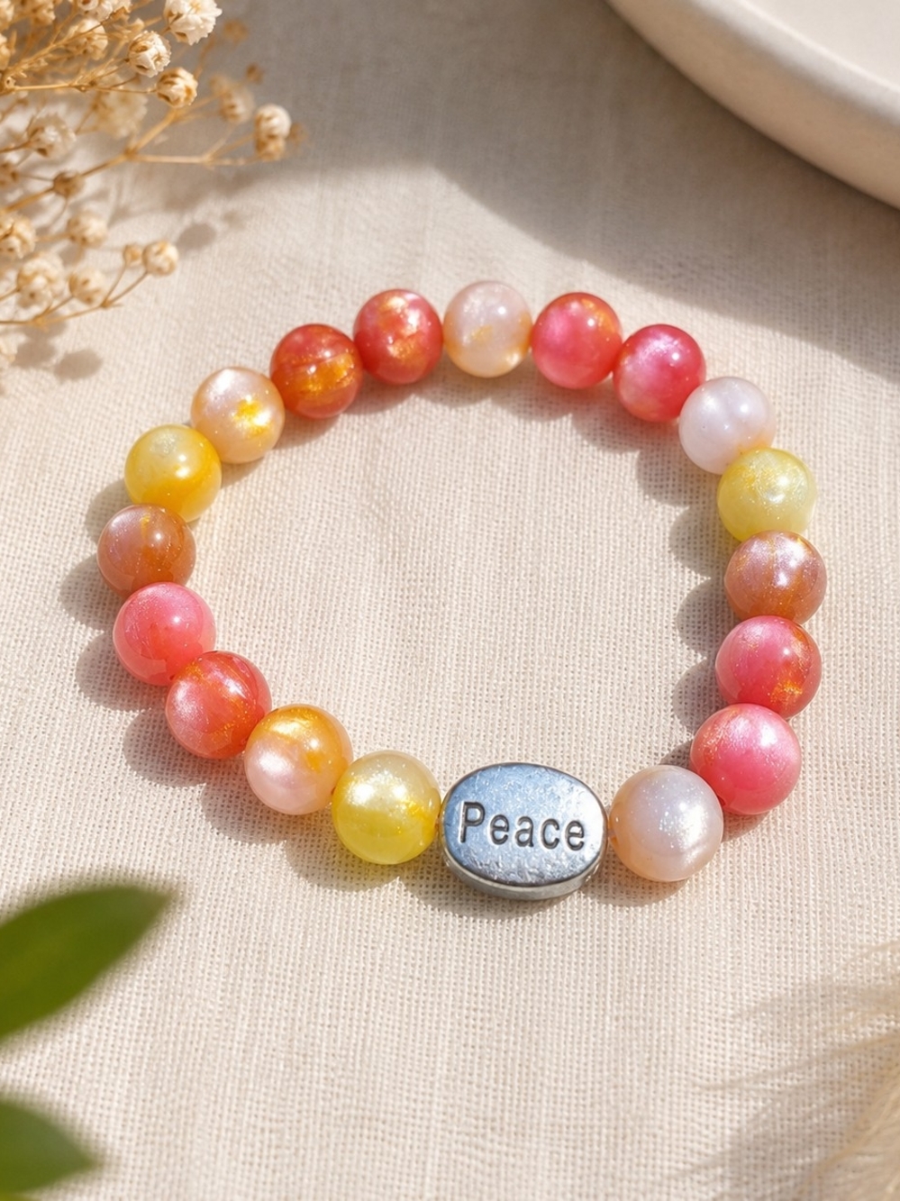 Peace Bracelet | Handmade Sunset Beaded Stretch Bracelet | Red Pink Yellow Inspi